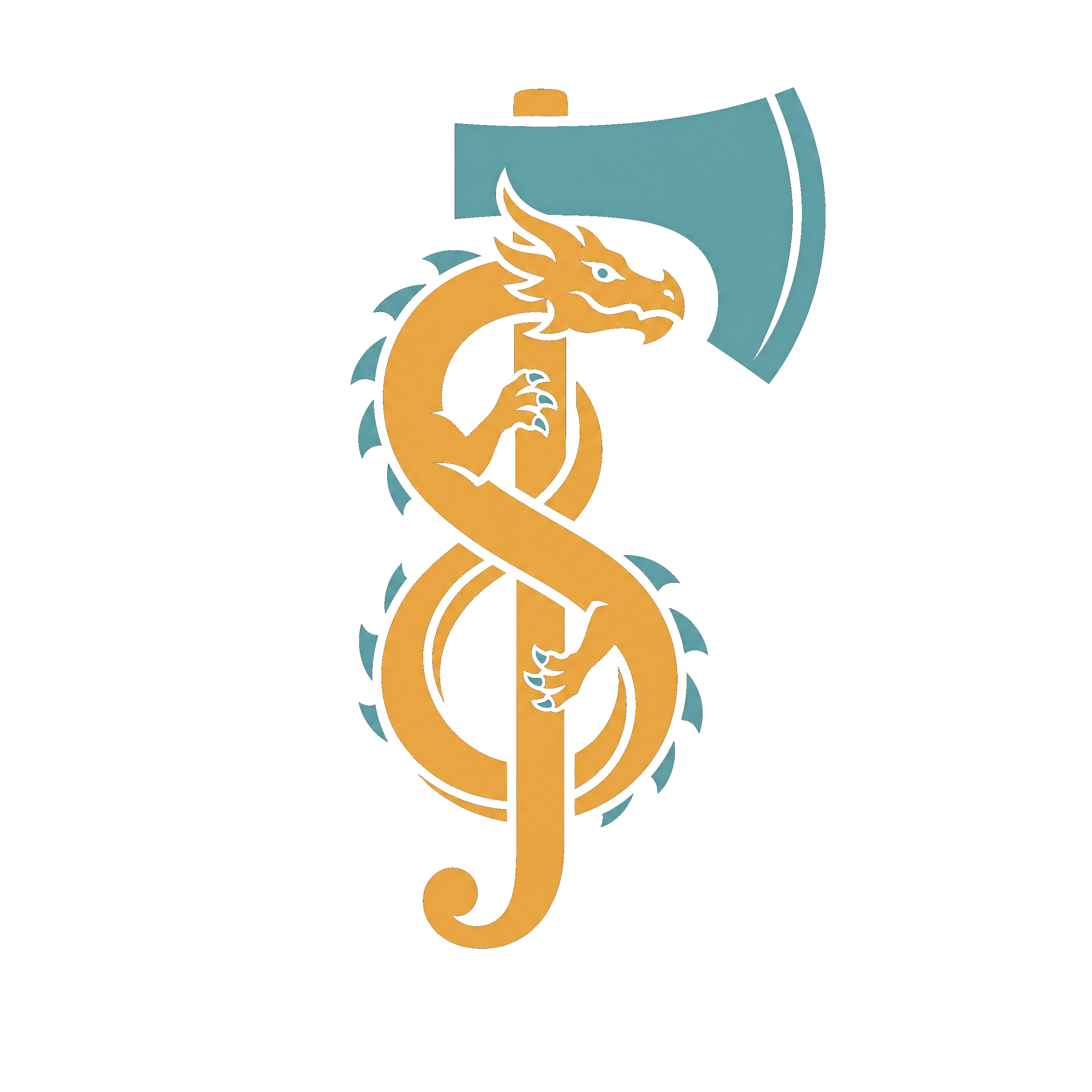 Axeyum: a gold wyrm wrapped around a teal turnstile axe